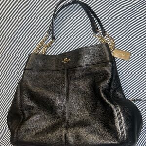 Black Leather Coach bag with gold chain detail